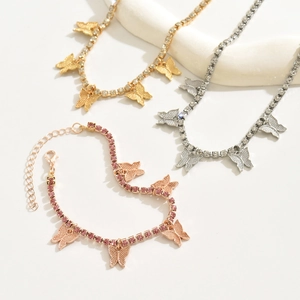 Cuban link butterfly necklace set in gold, silver and rose gold with rhinestones