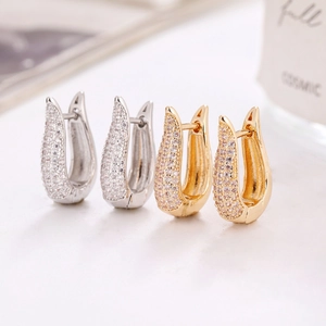 Elegant U-Shaped Pave Rhinestone Huggie Earrings For Women Copper Jewelry With Stainless Steel Earring Post Gold Silver