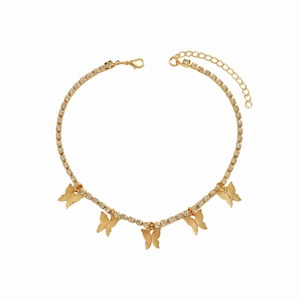Cuban link choker with five gold butterfly pendants and white crystal rhinestones