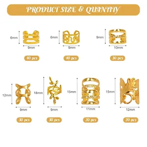 Detailed size chart for 210pcs gold and silver DIY hair braid rings and jewelry accessories