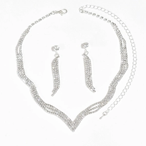 Parure de bijoux de mariée argentée avec collier strass en V et boucles d'oreilles