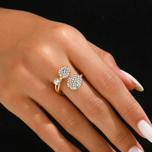Elegant gold adjustable open ring for women with three round pavé diamond disks
