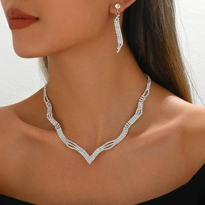Parure de Bijoux Élégante en Alliage Et Strass Luxueux Collier en V Boucles d'Oreilles Gland pour Mariage Fête Femme