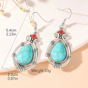 Bohemian turquoise drop earrings with vintage silver metal details and dimensions