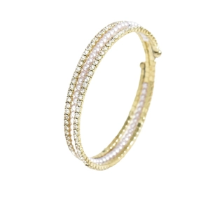 Bracciale a tre file dorato con perle bianche e strass scintillanti da donna