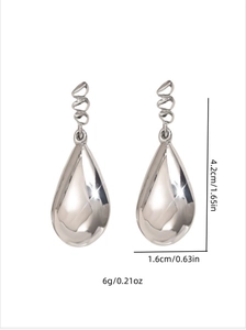 Polished silver teardrop earrings measuring 4.2cm by 1.6cm with hollow connector detail