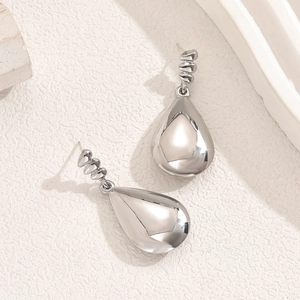 Polished silver water drop earrings with triple stacked trapezoid studs on stone base