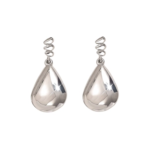 Sleek silver teardrop dangle earrings featuring unique spiral coil top and mirror finish