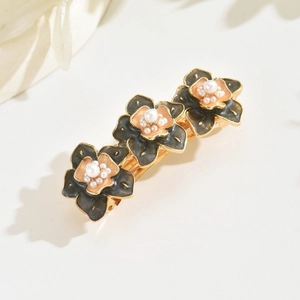 French style floral spring hair clip with enamel petals and pearls on gold metal base