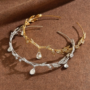 Elegante Corona a Foglia di Foresta Diadema Con Goccia di Strass Lega Oro Argento Sposa Matrimonio Festa Accessori Capelli Donna