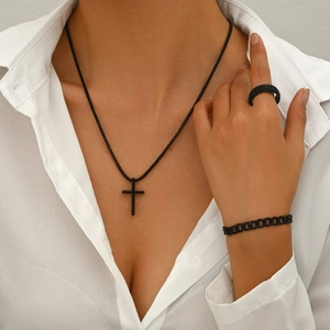 Men's matte black jewelry set with cross necklace cuban bracelet and textured ring