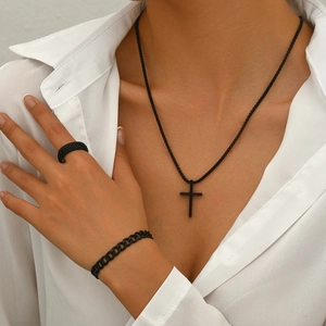 Men Punk Alloy Cross Jewelry Including Necklace Cuban Bracelet And Textured Ring With Matte Black Silver Finish Accessories