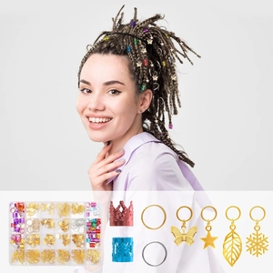 Macro detail of 170-piece braid hair jewelry set with assorted metal charms and rings