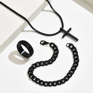 Black jewelry set for men including cross pendant necklace chain ring and cuban bracelet