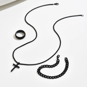 Three-piece black stainless steel jewelry set with cross necklace, curb bracelet and ring