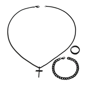 Black matte stainless steel jewelry set including cross necklace, cuban bracelet, and ring