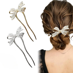 Elegant Bow Hair Stick Alloy Zirconia Inlaid U-Shaped Hair Fork For Women Vintage New Chinese Style Hair Jewelry Gold Silver