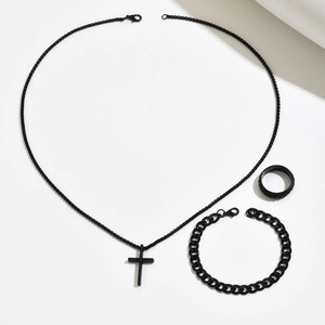 Three-piece men's jewelry set with black cross necklace, curb chain bracelet, and textured ring