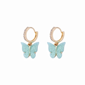 Boucles d'oreilles anneaux dorées avec papillons bleu clair pailletés et zircons brillants