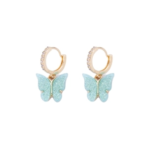 Créoles dorées avec pendentifs papillons vert menthe pailletés et pierres de zircone