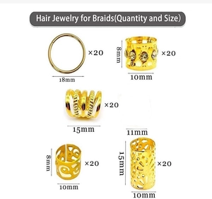 Detailed grid showing golden dreadlock beads with size specs from 8mm to 18mm