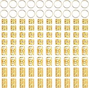 Detailed grid of golden hair accessories including braid rings and hollow cuffs with rhinestones