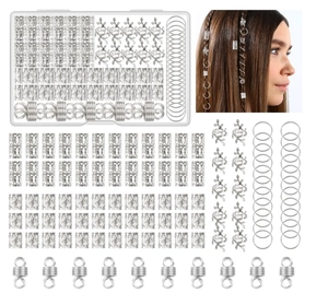 Detailed set of 100 silver hair braid rings and charms in a transparent storage box