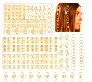 Close-up of 100pcs golden dreadlock hair accessories set with storage box and styling usage