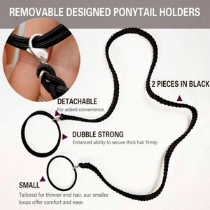 Detail of black braided ponytail hair ties with silver metal lobster clasps and double loops