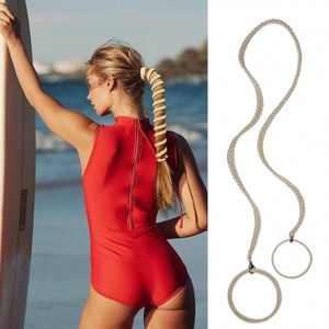 Creative beige braided hair wrap for ponytails shown in beach style and studio shots