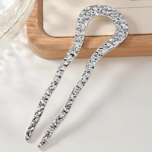 U-shaped silver metal hair pin with hammered texture for bun styling and hair fixing