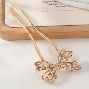 Eleganter U-förmiger Haarnadel mit goldener Schleife und funkelnden Strasssteinen Dekor