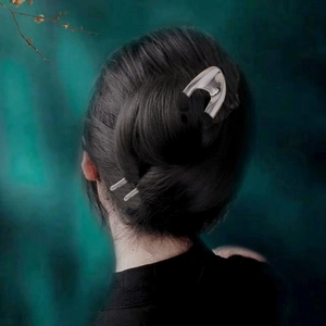 Épingle à cheveux en U argentée polie dans un chignon noir pour un style moderne élégant