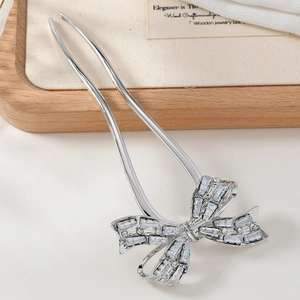 Eleganter silberner U-förmiger Haarnadel mit funkelnder Strass-Schleife und Blumen-Quaste