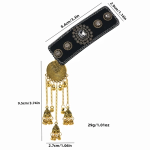 Ethnic style velvet hair clip with golden bell tassels and white crystal inlay