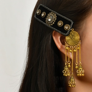 Vintage Ethnic Tassel Hair Clip With Bells Black Velvet Zinc Alloy Rhinestone Hairpin For Women Travel Party Hair Accessory