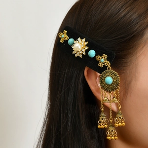 Ethno-Stil Gold Legierung Quasten Haarklammer Mit Künstlicher Künstliche Perle Türkis Strass Glocken Vintage Böhmischer Haarschmuck
