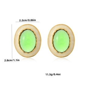 Boucles d'oreilles ovales dorées avec gemme verte et émail, style floral vintage de 2,8 cm