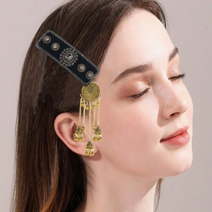 Ethnic hair clip with golden tassel bells and silver floral motifs in neo-Chinese style