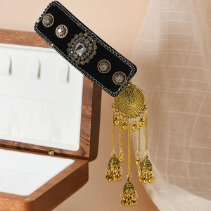 Ethnic style hair clip with velvet base, crystals and golden bell tassels on wood box