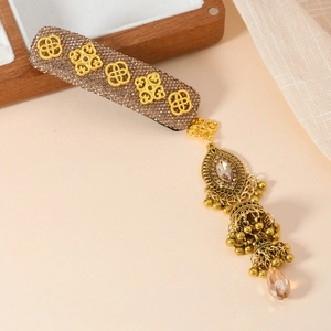 Fermaglio per capelli etnico con strass marroni e nappe dorate in stile vintage retrò