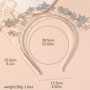 Silver bridal headband with double-layer rhinestone stars and detailed size dimensions