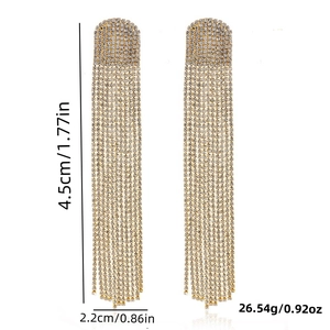 Detail view of long tassel rhinestone earrings with dimensions 4.5cm length and 2.2cm width