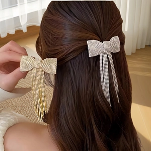 Barrette à Cheveux Élégante avec Nœud Papillon et Gland Long en Strass Accessoire de Coiffure en Alliage de Zinc Luxe Femme