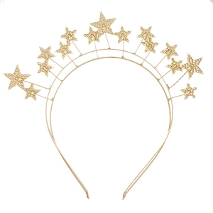 Detail of a double-layered golden halo headband featuring textured alloy stars for bridal party