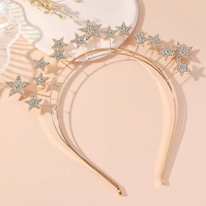Double-layered gold bridal headband with sparkling rhinestones and star-shaped alloy motifs