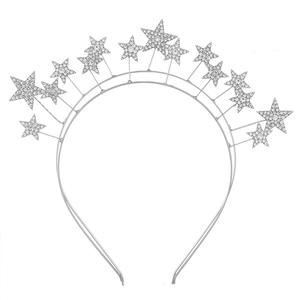 Detail of silver double-layer bridal headband featuring crystal stars and alloy base