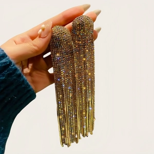 Elegant long fringe waterfall tassel earrings with sparkling rhinestones for women