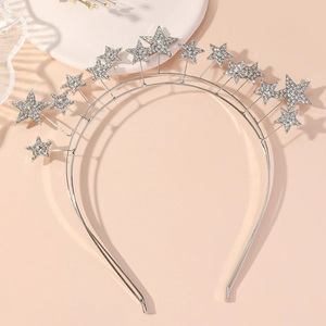 Detailed view of shimmering star-shaped rhinestones on a silver double-layered headband