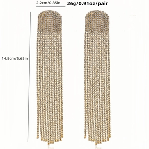 Elegant gold long tassel dangle earrings with white rhinestones measuring 14.5cm